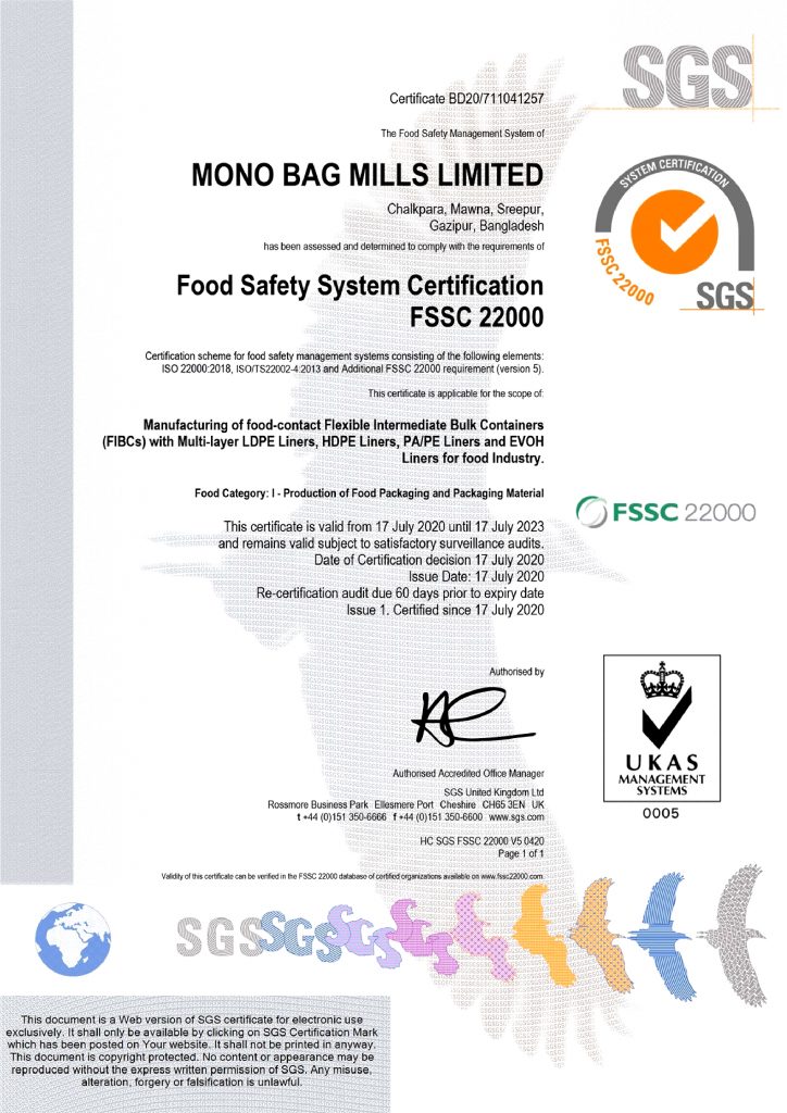 Food Safety System Certificate Mono Group Of Industries Fibc Bangladesh Fibc Bag